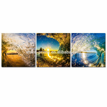 Arte de la pared de la lona de la onda del mar para la venta al por mayor / sol en el paisaje del océano Impresión de la lona / ilustraciones de la lona del paisaje marino del tríptico